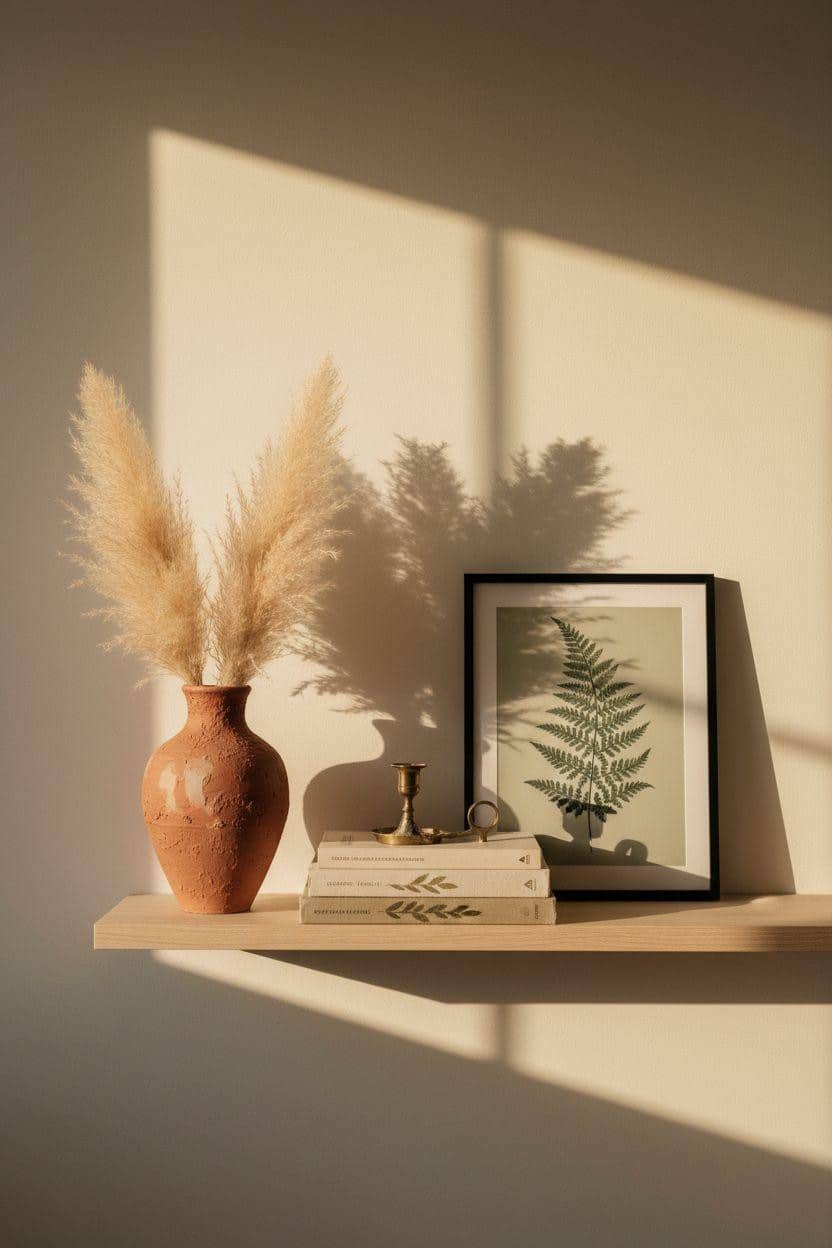 Shelf Decor Living Room - curated shelf vignette with terracotta vase and brass accents