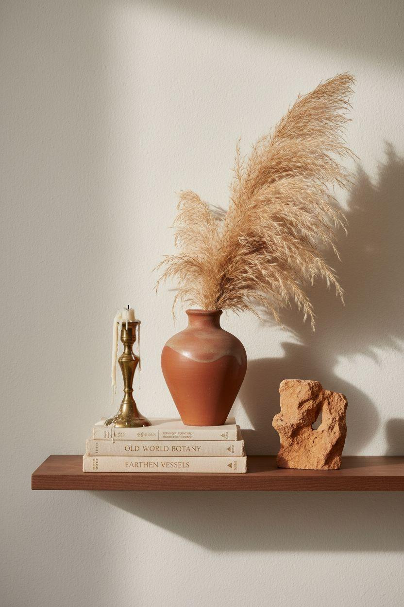 Shelf Decor Living Room - walnut floating shelf with pampas grass, brass candleholder, and stone object
