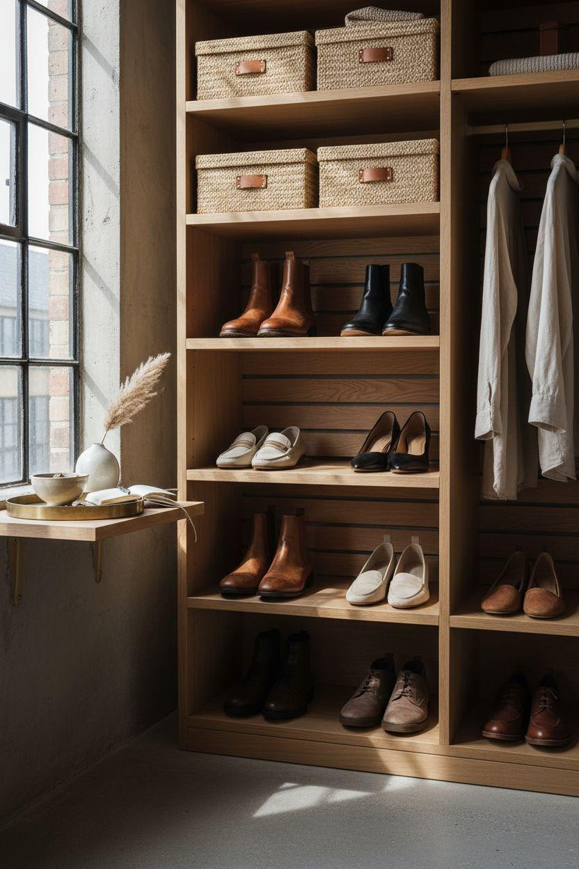 Shoe storage ideas featuring luxury closet with leather and jute details