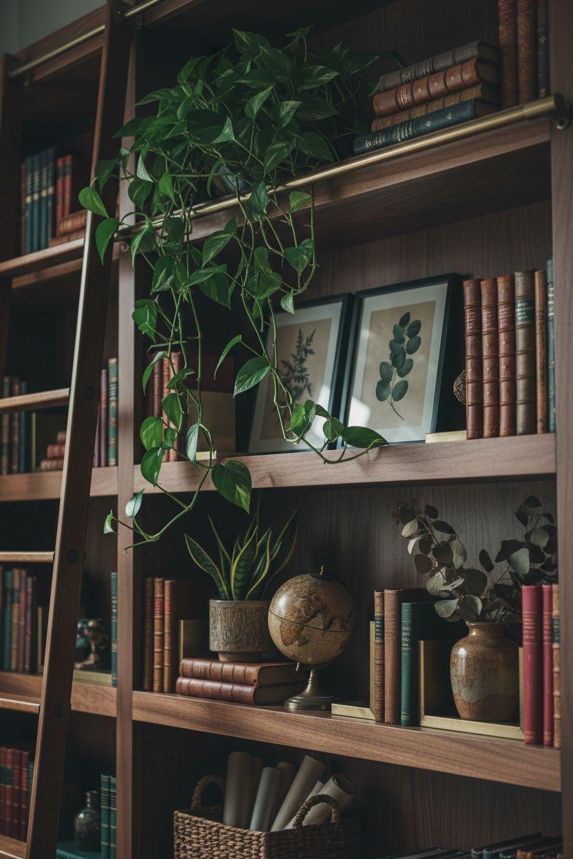 Home Office Library Ideas - built in shelves with plants