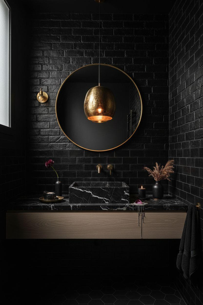 Black powder room with handmade zellige tile and Parisian style