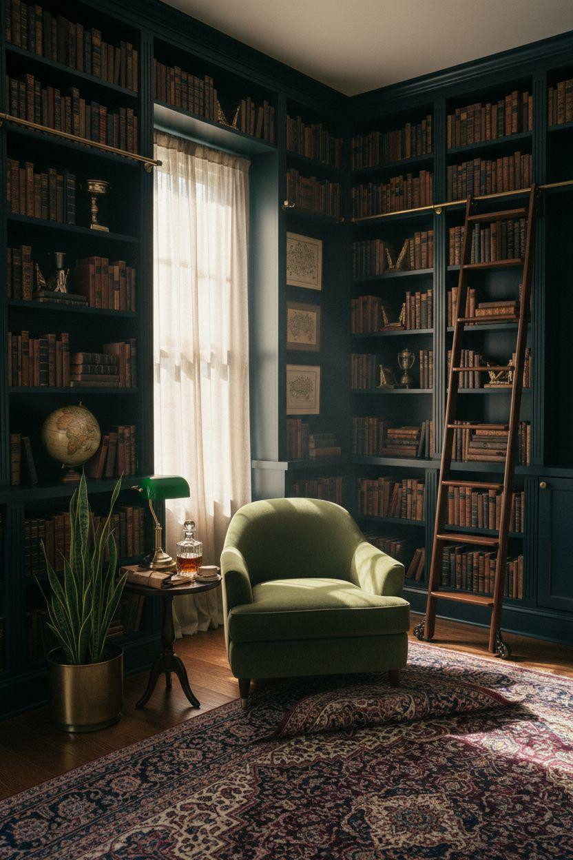 Moody home library with black built-in shelves and green velvet chair