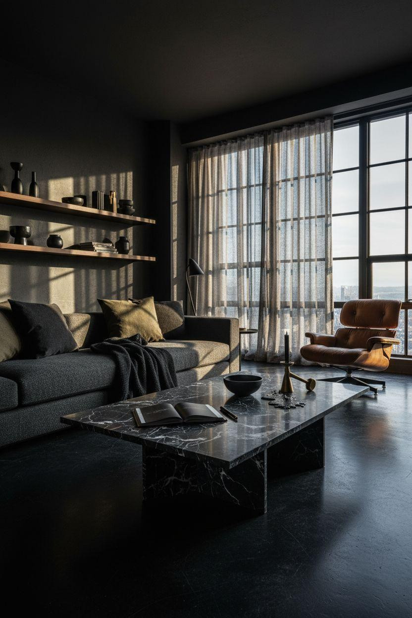 NYC penthouse luxury - dramatic dark living room with city views