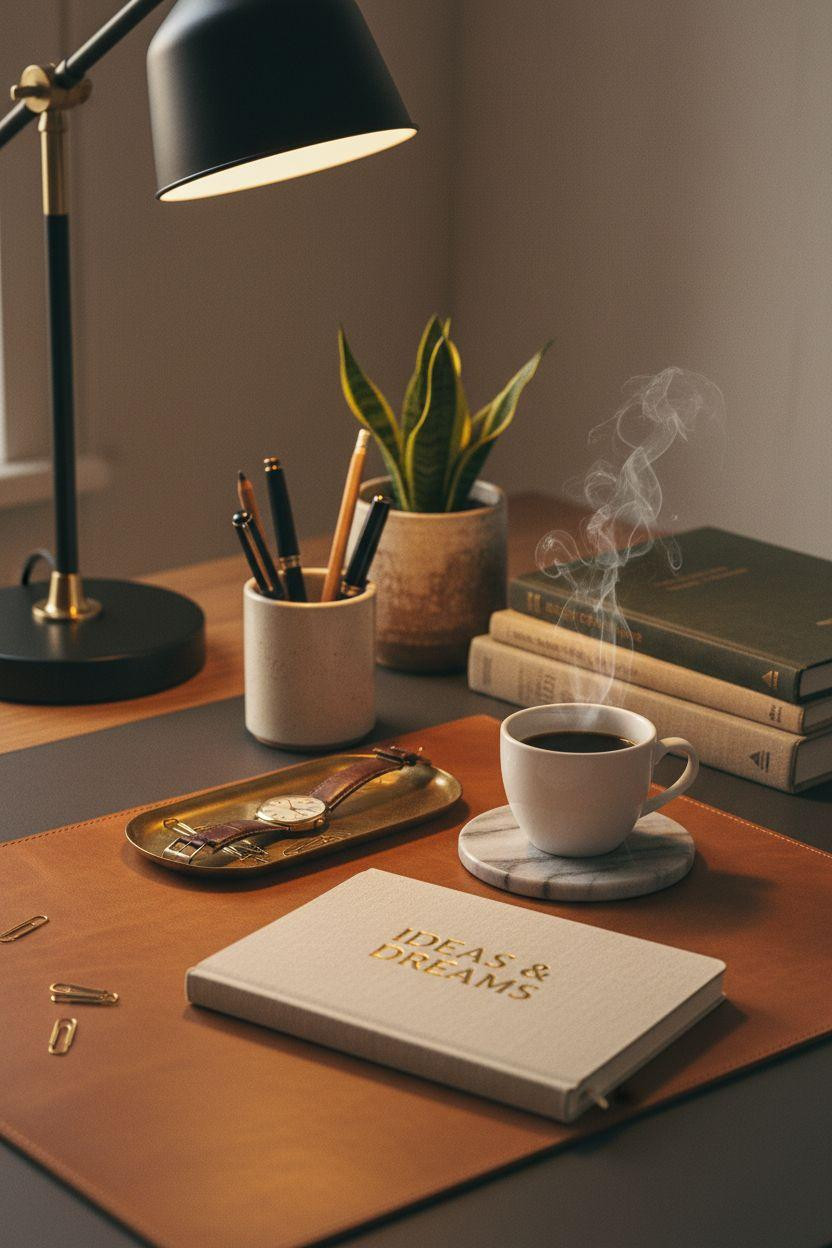 Desk job aesthetic - brass lamp closeup workspace
