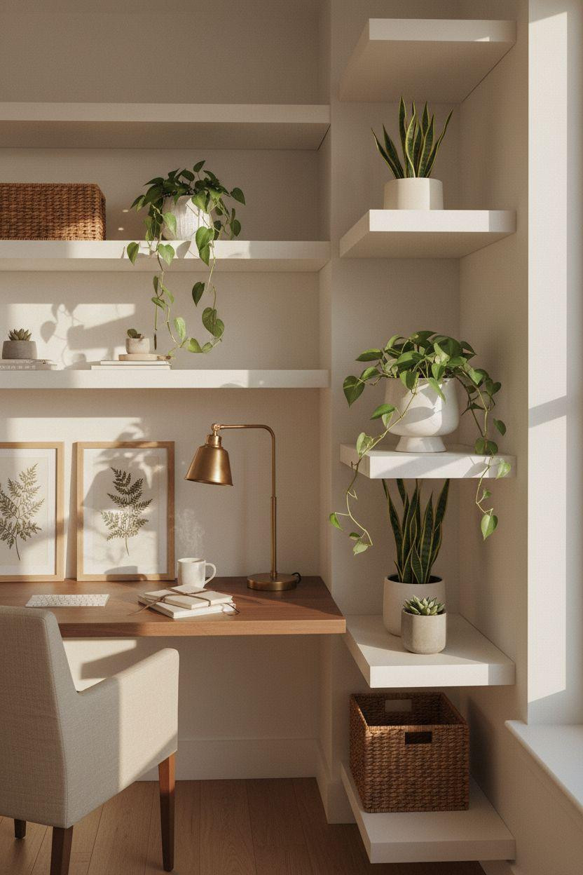 Desk job aesthetic - white floating shelves workspace