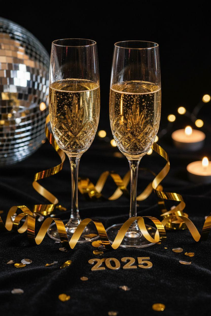 new year decorations ideas - disco ball with champagne and gold ribbons