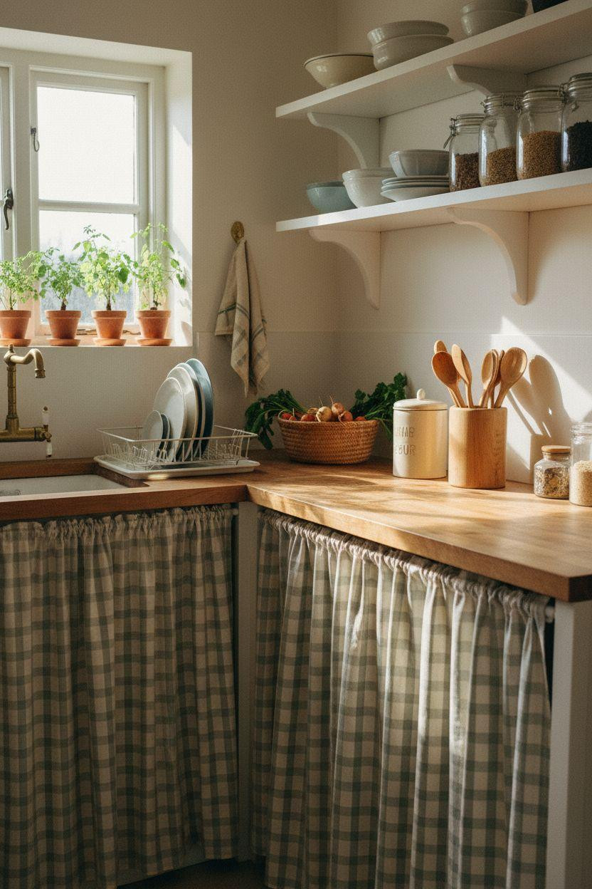 tiny kitchen ideas on a budget with fabric curtain cabinets