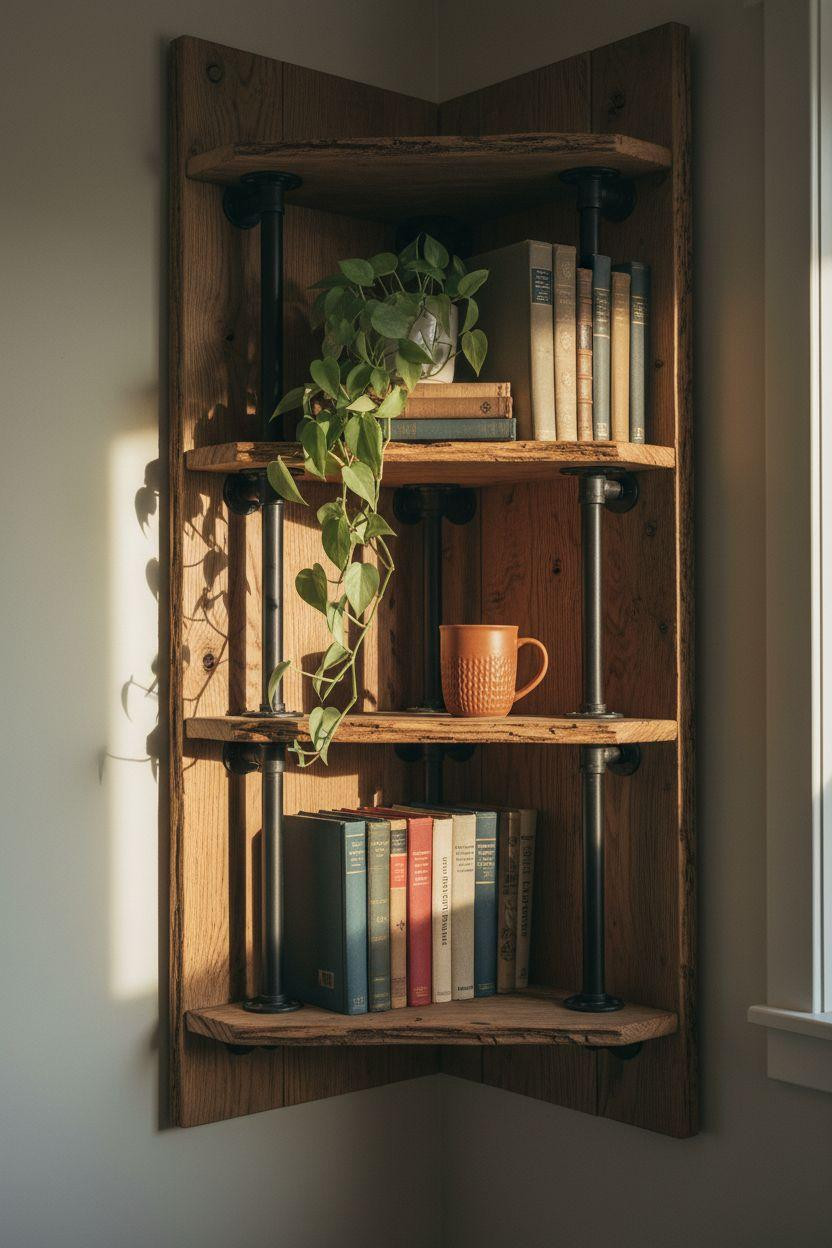 Corner bookshelf - handcrafted reclaimed wood with black pipes