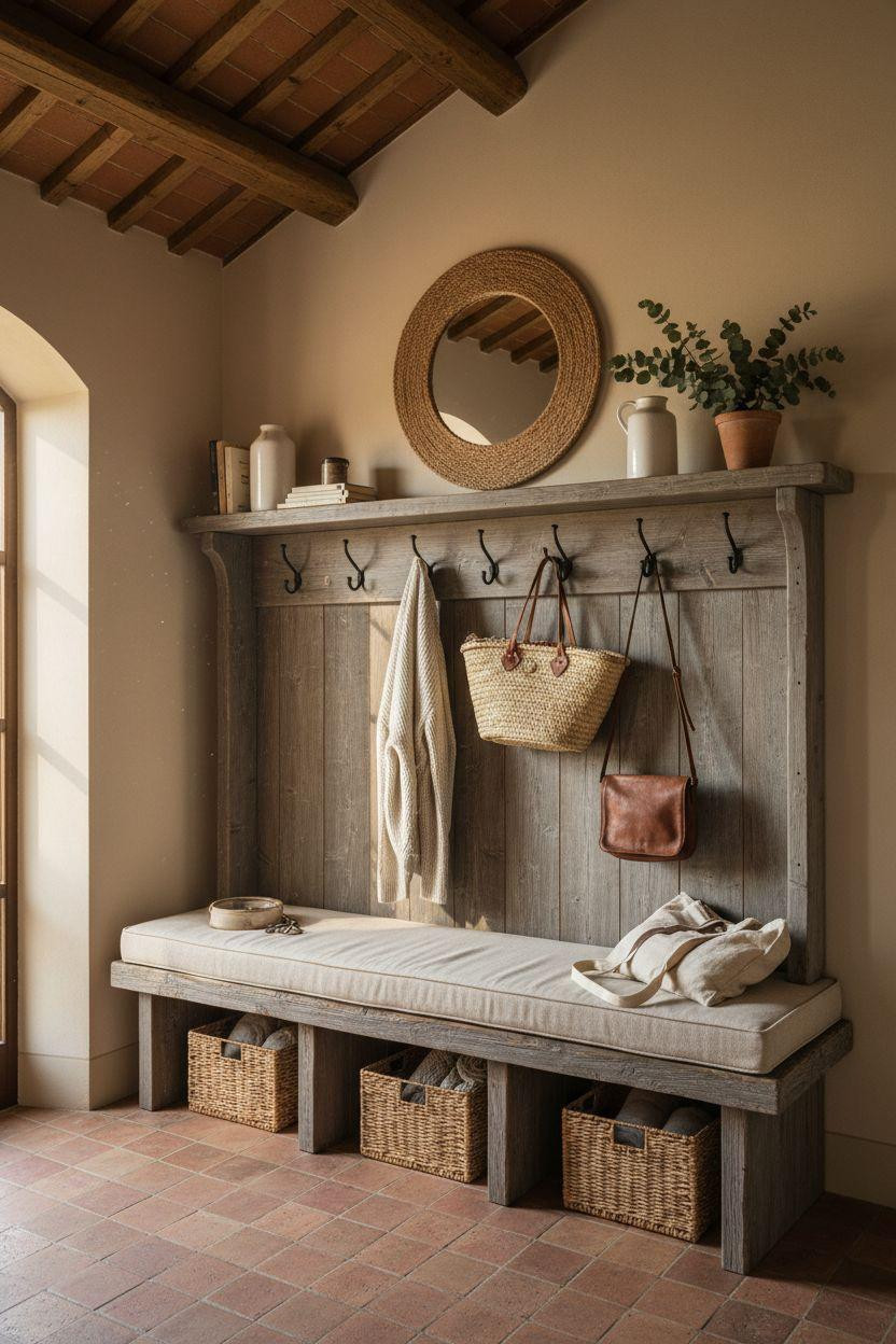 Hall Tree Entryway with gray-washed oak and aged terracotta floor