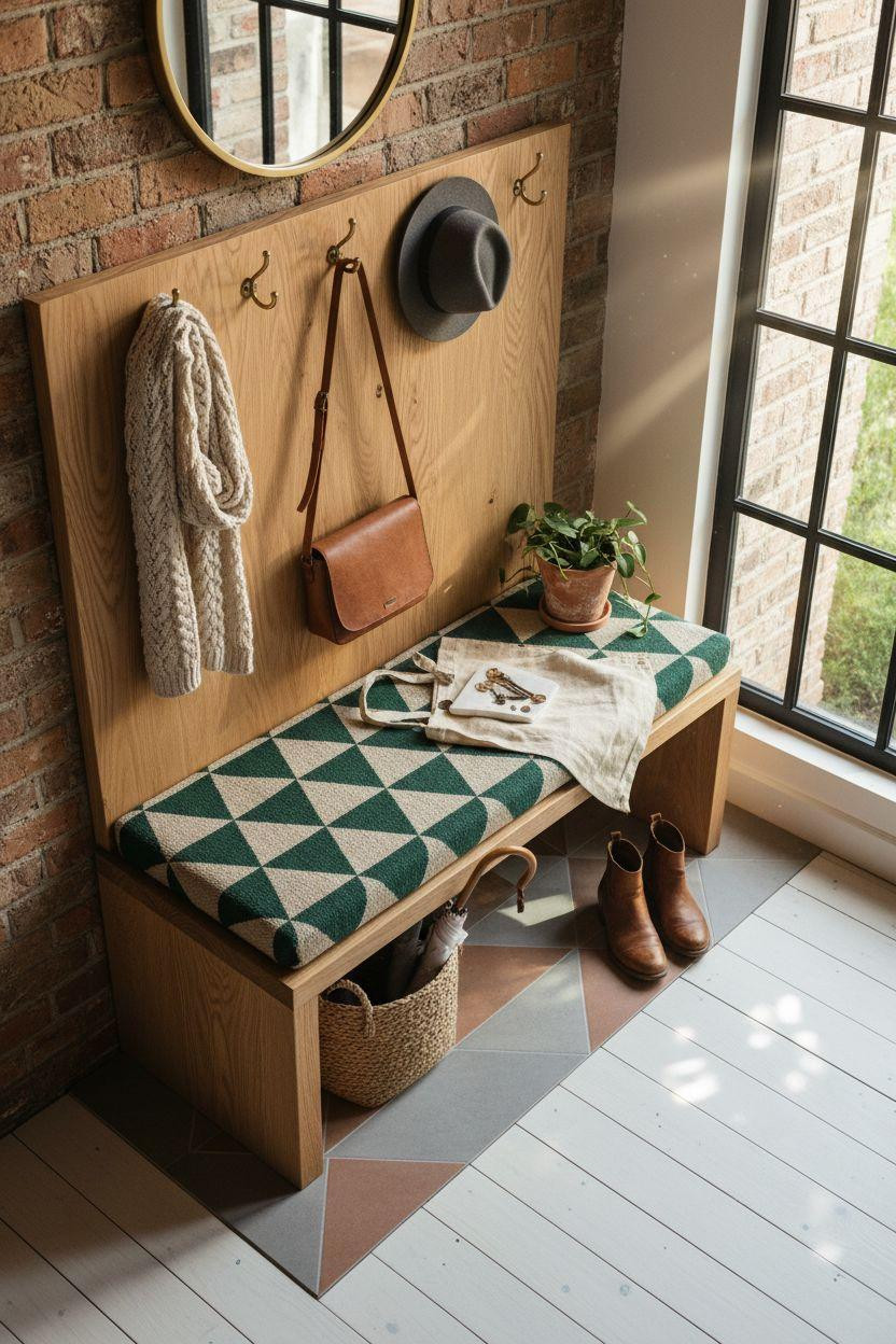 Hall Tree Entryway with custom DIY bench in warm oak