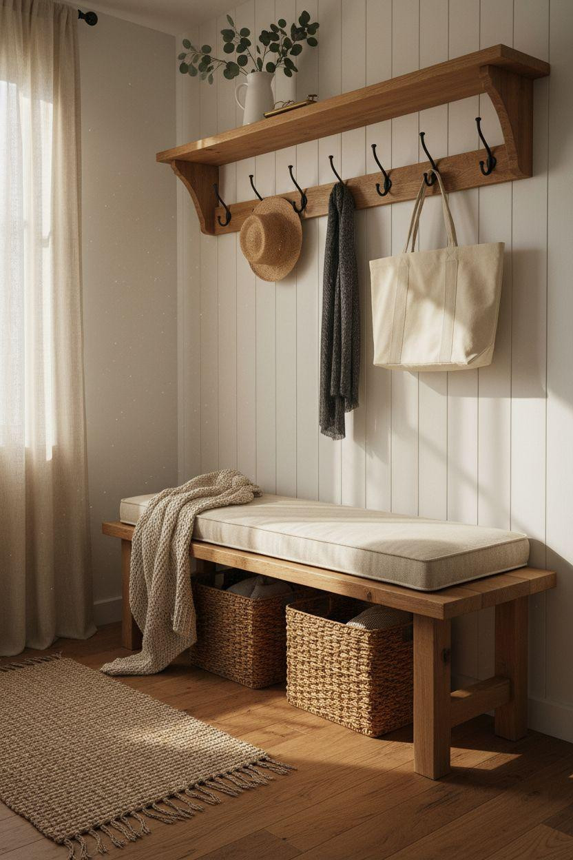 Hall Tree Entryway with handcrafted oak bench and chunky knit throw