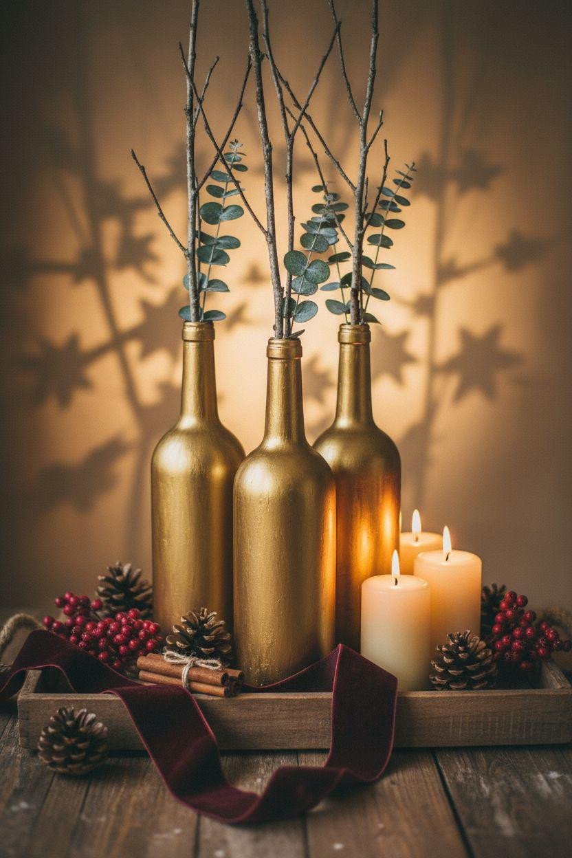 Holiday centerpieces for tables with DIY painted wine bottles