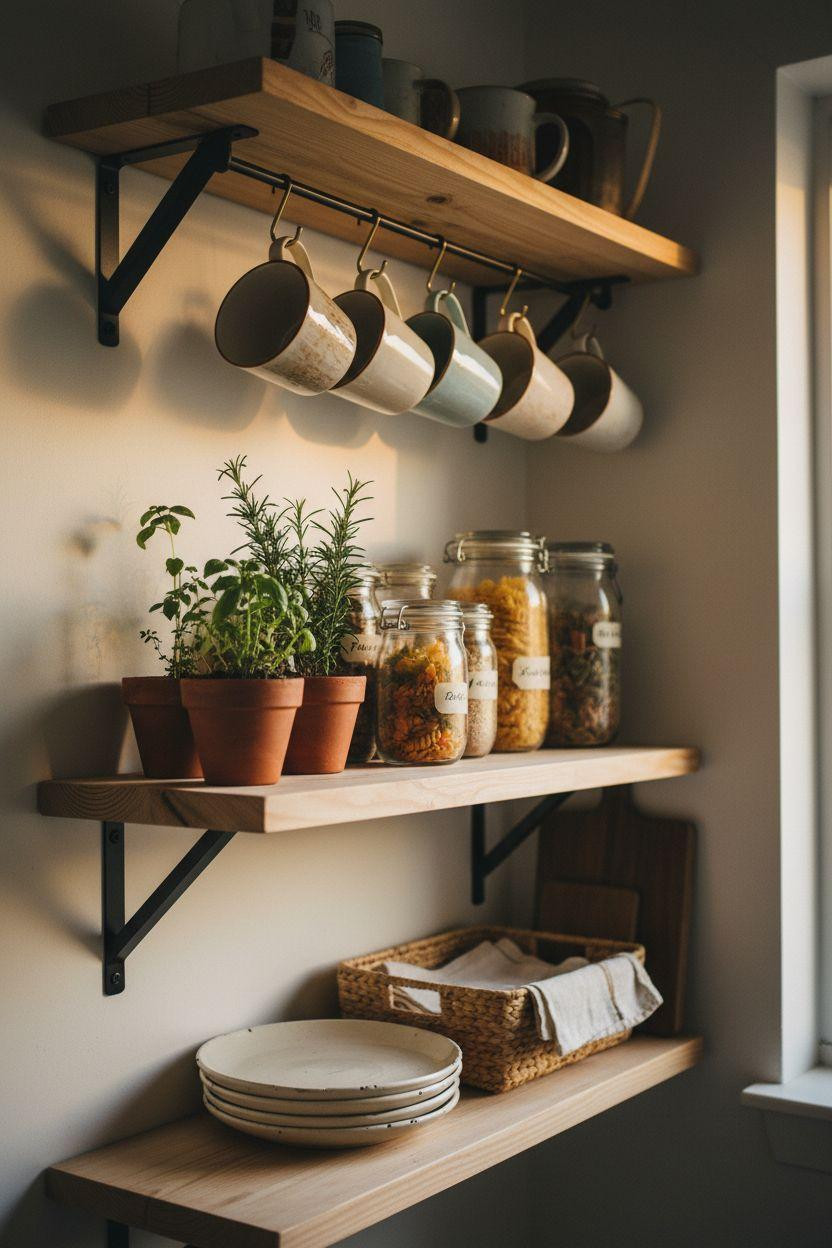 tiny kitchen ideas on a budget featuring DIY wood shelves