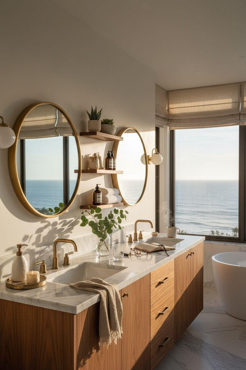 Double Sink Bathroom Vanity - walnut cabinetry with brass wall sconces