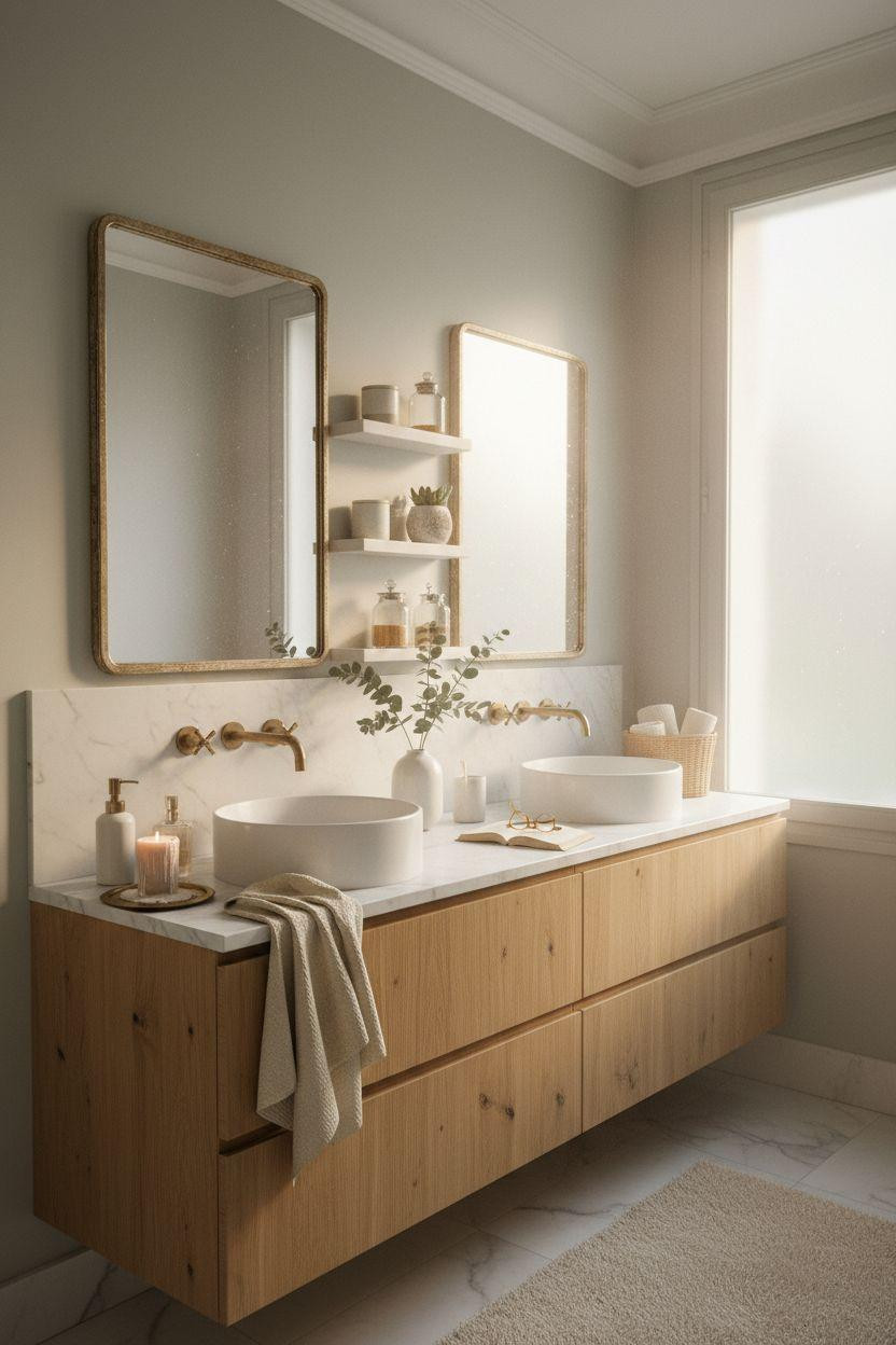 Double Sink Bathroom Vanity - compact Parisian style with aged brass frames