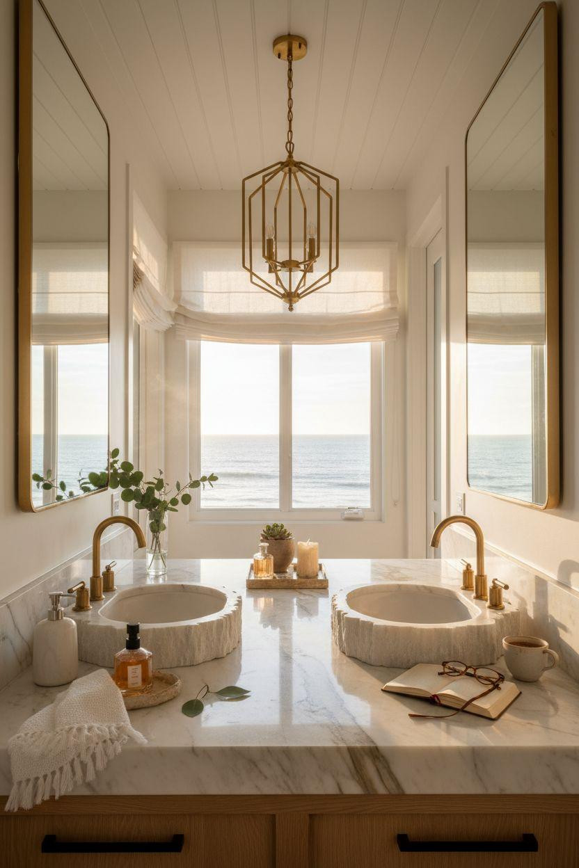 Double Sink Bathroom Vanity - statement chandelier with marble vessel sinks
