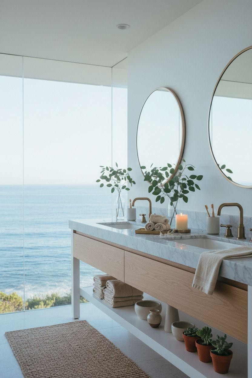 Double Sink Bathroom Vanity - spacious master bath with round brass mirrors