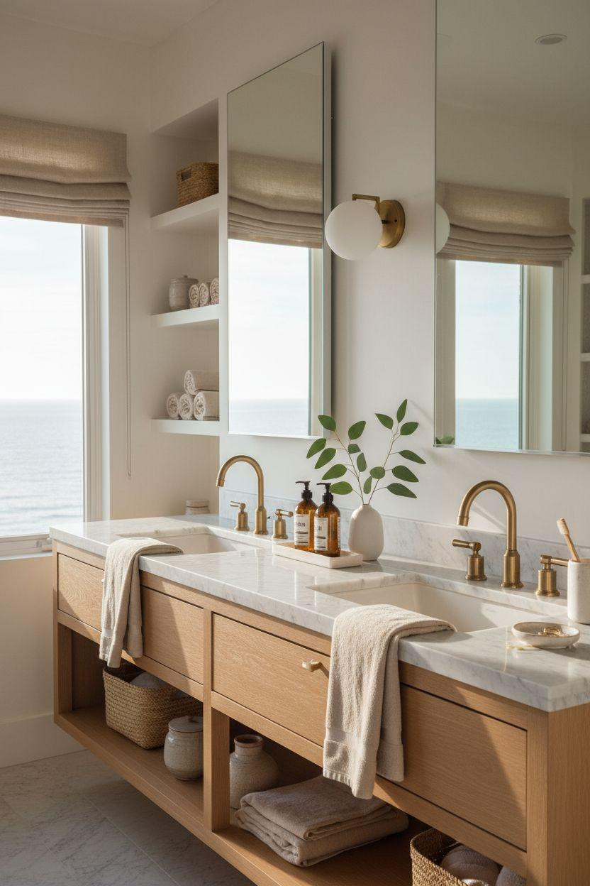 Double Sink Bathroom Vanity - Scandinavian design with brass and natural textures