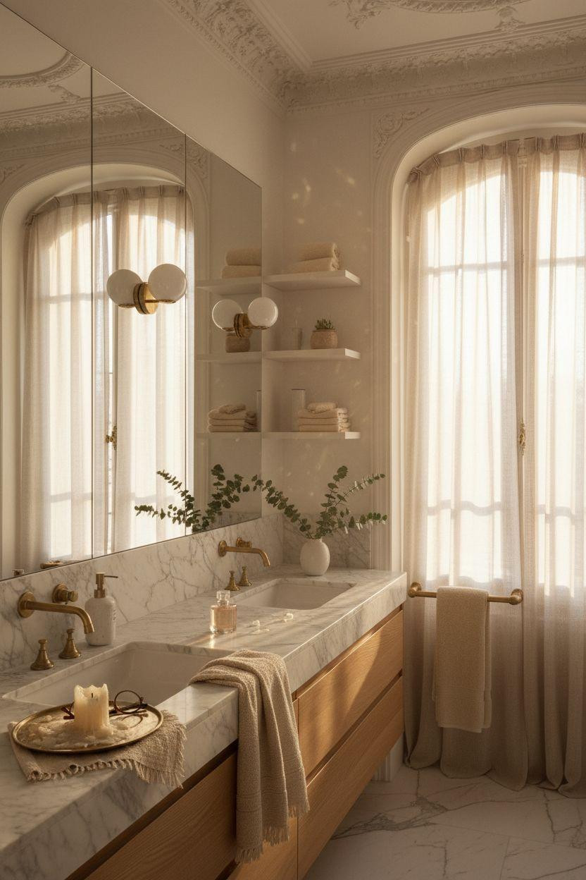 Double Sink Bathroom Vanity - floating oak design with marble countertop
