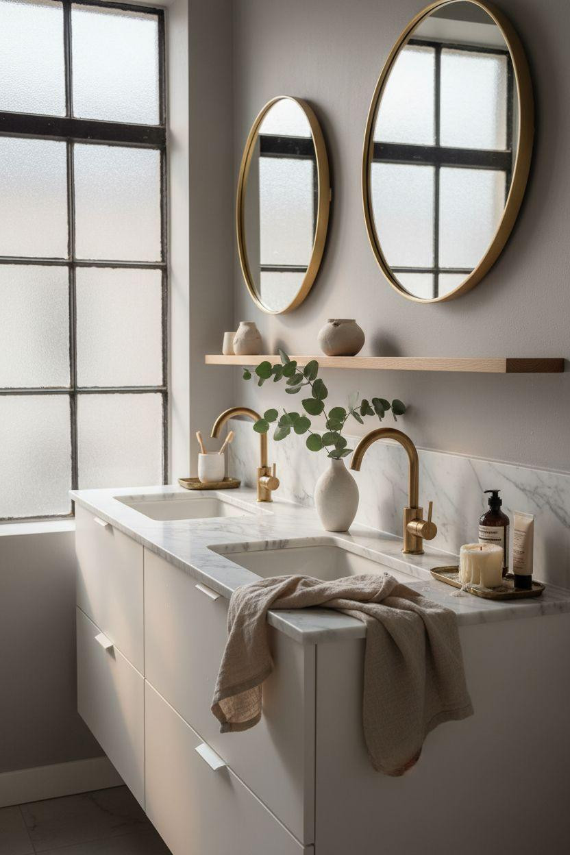 Double Sink Bathroom Vanity - compact Copenhagen style with round mirrors and minimalist design