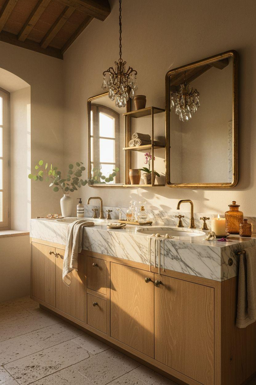 Double Sink Bathroom Vanity - grand European style with crystal chandelier and limestone floors