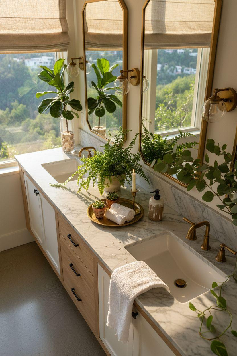 Double Sink Bathroom Vanity - botanical spa with fern and potted plants