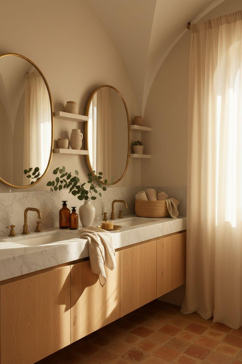 Double Sink Bathroom Vanity - Mediterranean style with arched window and natural textures