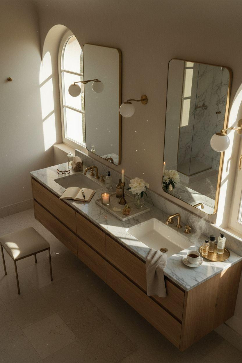 Double Sink Bathroom Vanity - overhead view with gold veining and layered styling