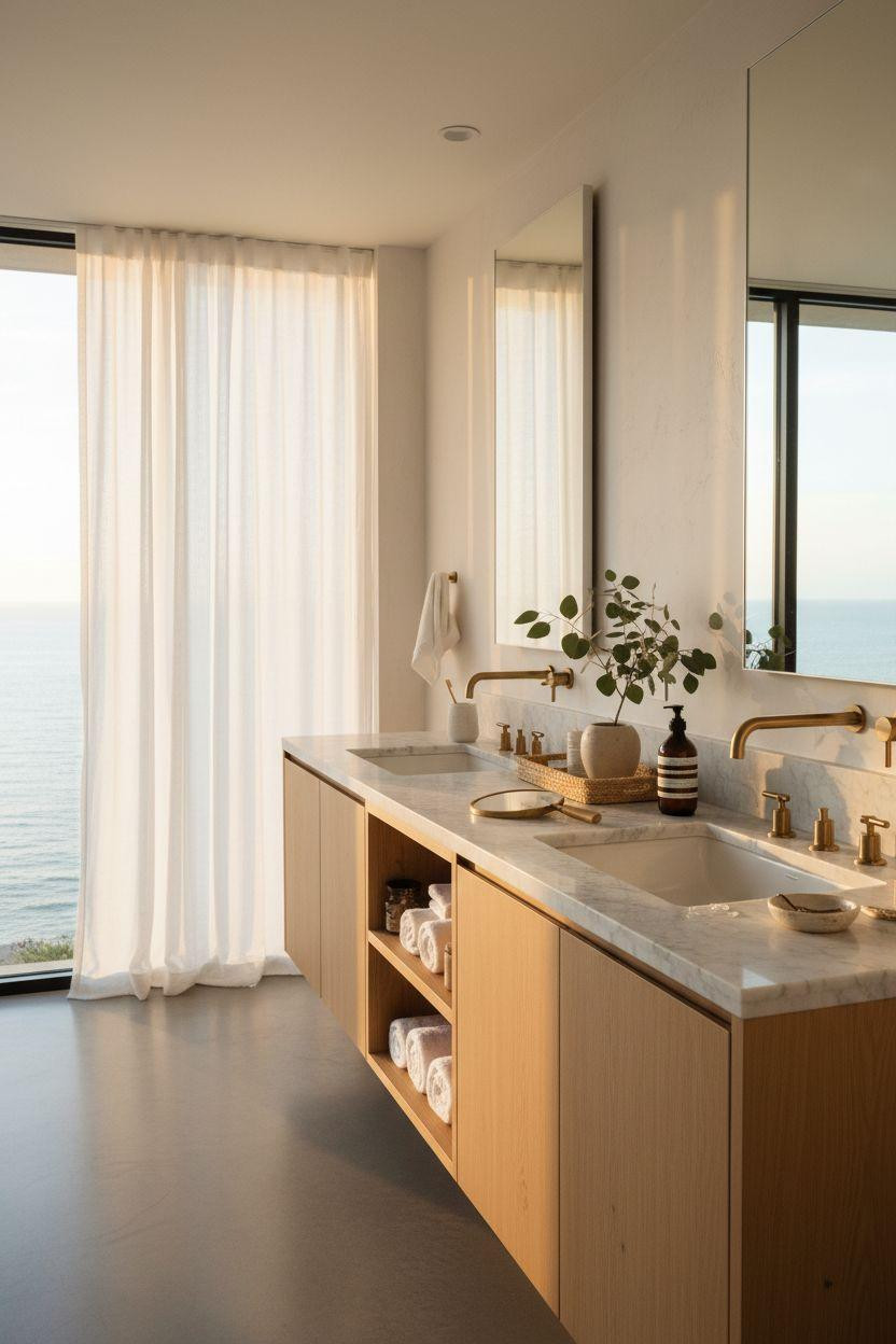 Double Sink Bathroom Vanity - central tower with open shelving between sinks