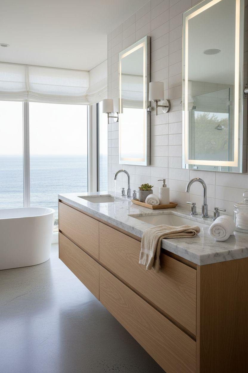 Double Sink Bathroom Vanity - coastal style with chrome waterfall faucets