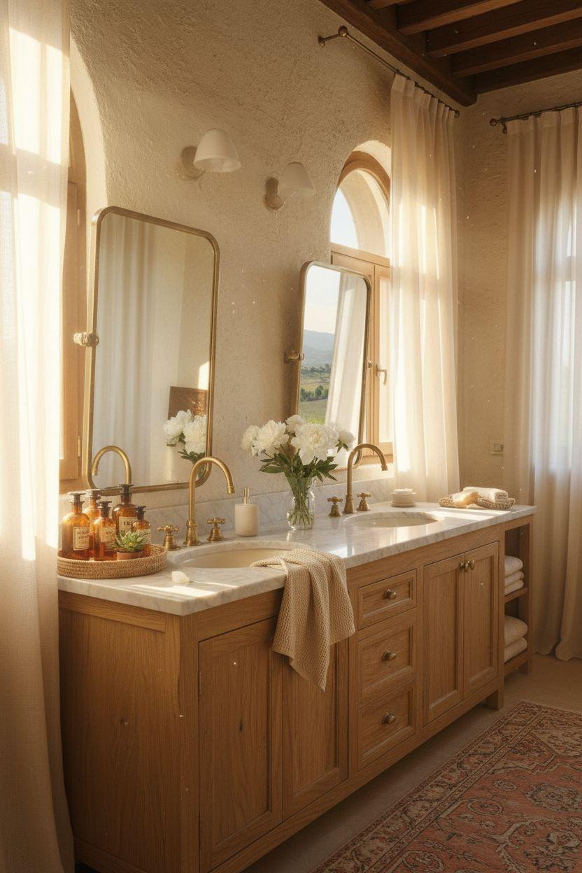 Double Sink Bathroom Vanity - Tuscan style with vintage brass and apothecary jars