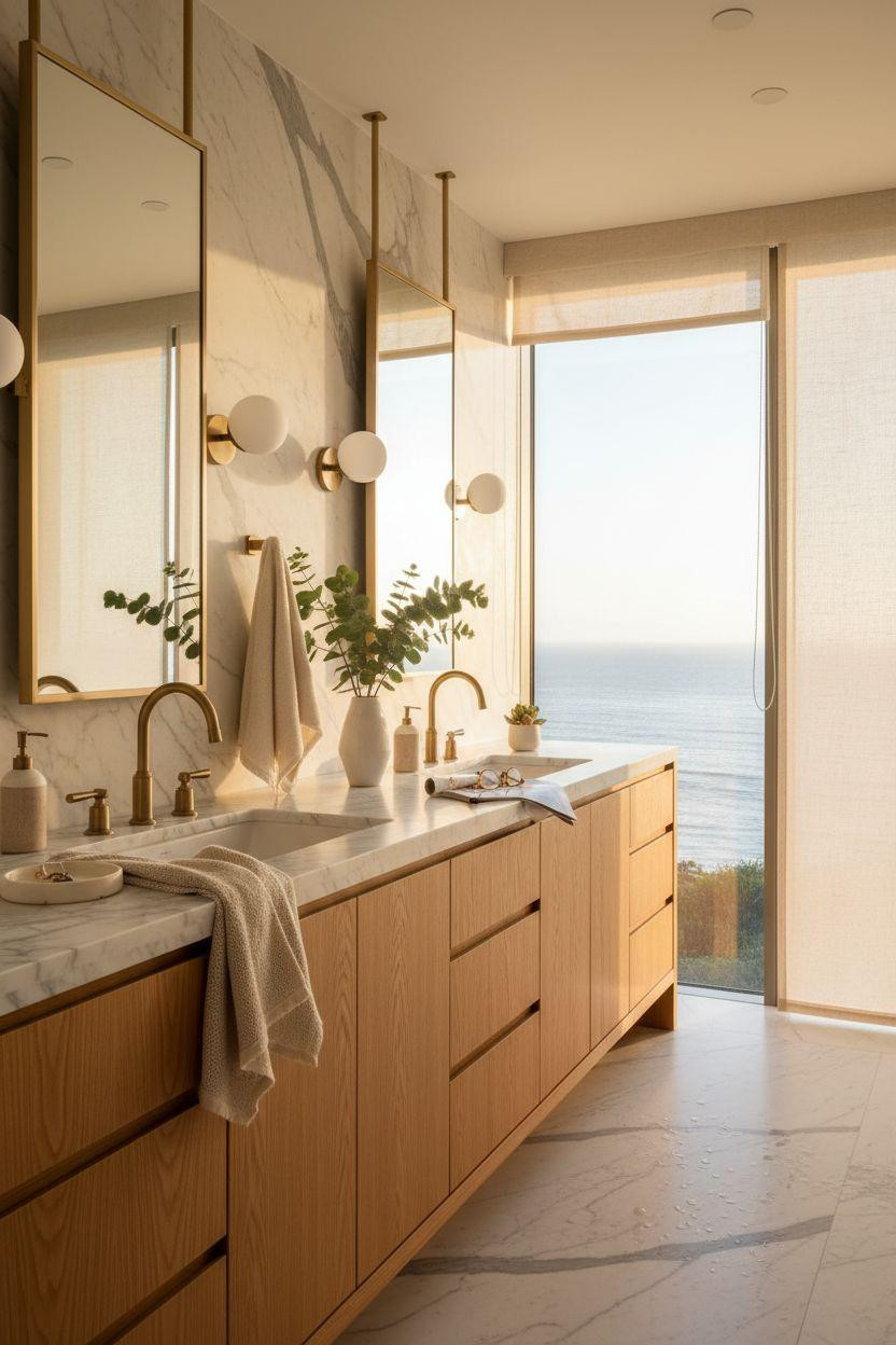 Double Sink Bathroom Vanity - contemporary Malibu design with expansive windows and natural light