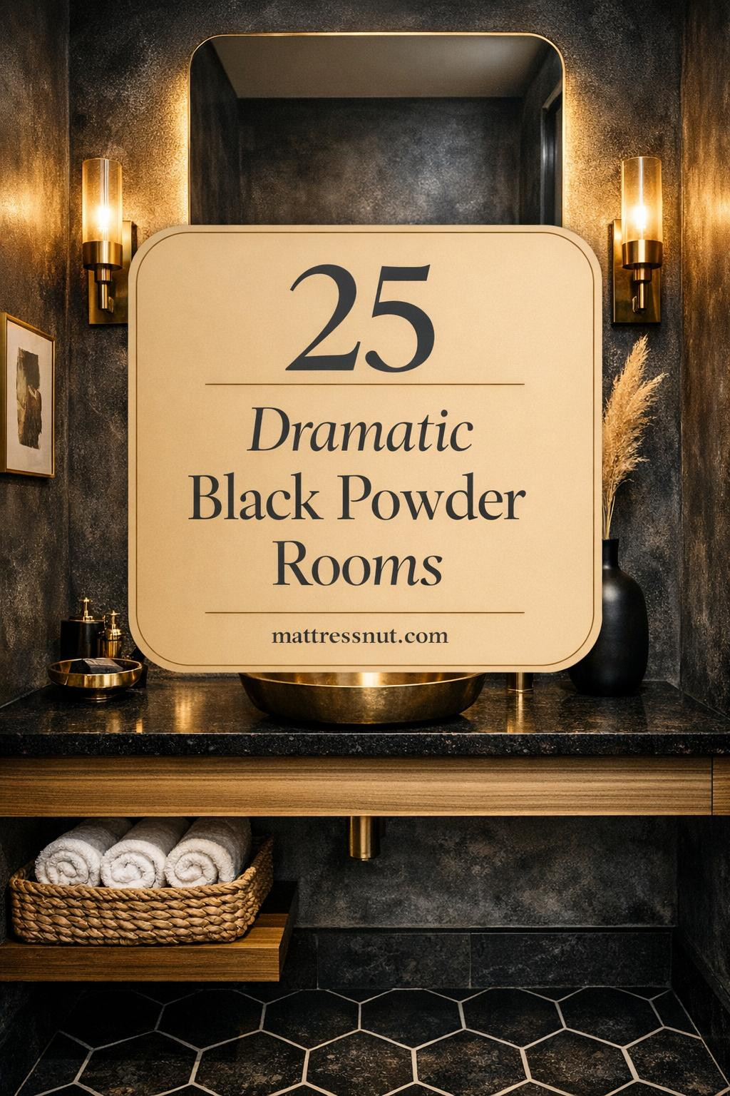 Sophisticated black powder room featuring deep charcoal plaster walls, white oak floating vanity with black granite countertop, unlacquered brass faucet, frameless mirror with LED backlighting, brass sconces, hexagonal black floor tiles, rolled towels, artisan soap, pampas grass in vase, and abstract art in brass frame.