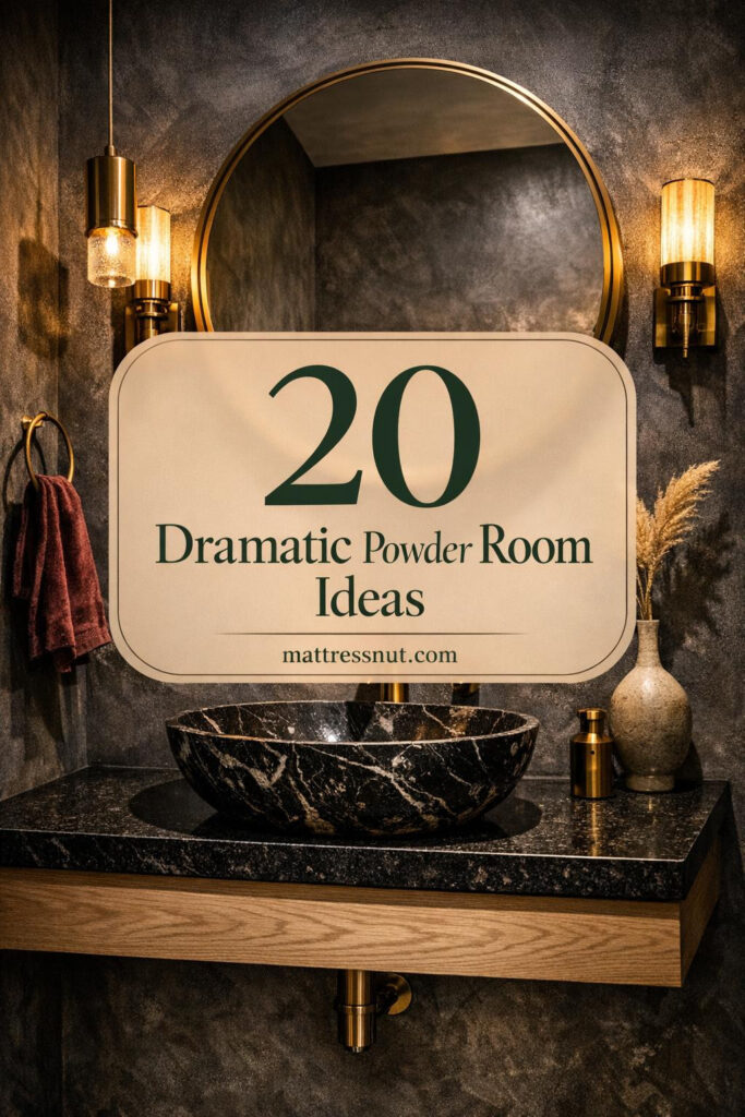 Sophisticated powder room showcasing deep charcoal textured walls, black marble vessel sink on floating white oak vanity, unlacquered brass hardware, oversized round brass mirror, honed black granite countertop, sculptural vase with pampas stem, burgundy velvet towel, and dramatic shadows from brass fixtures for luxurious depth.