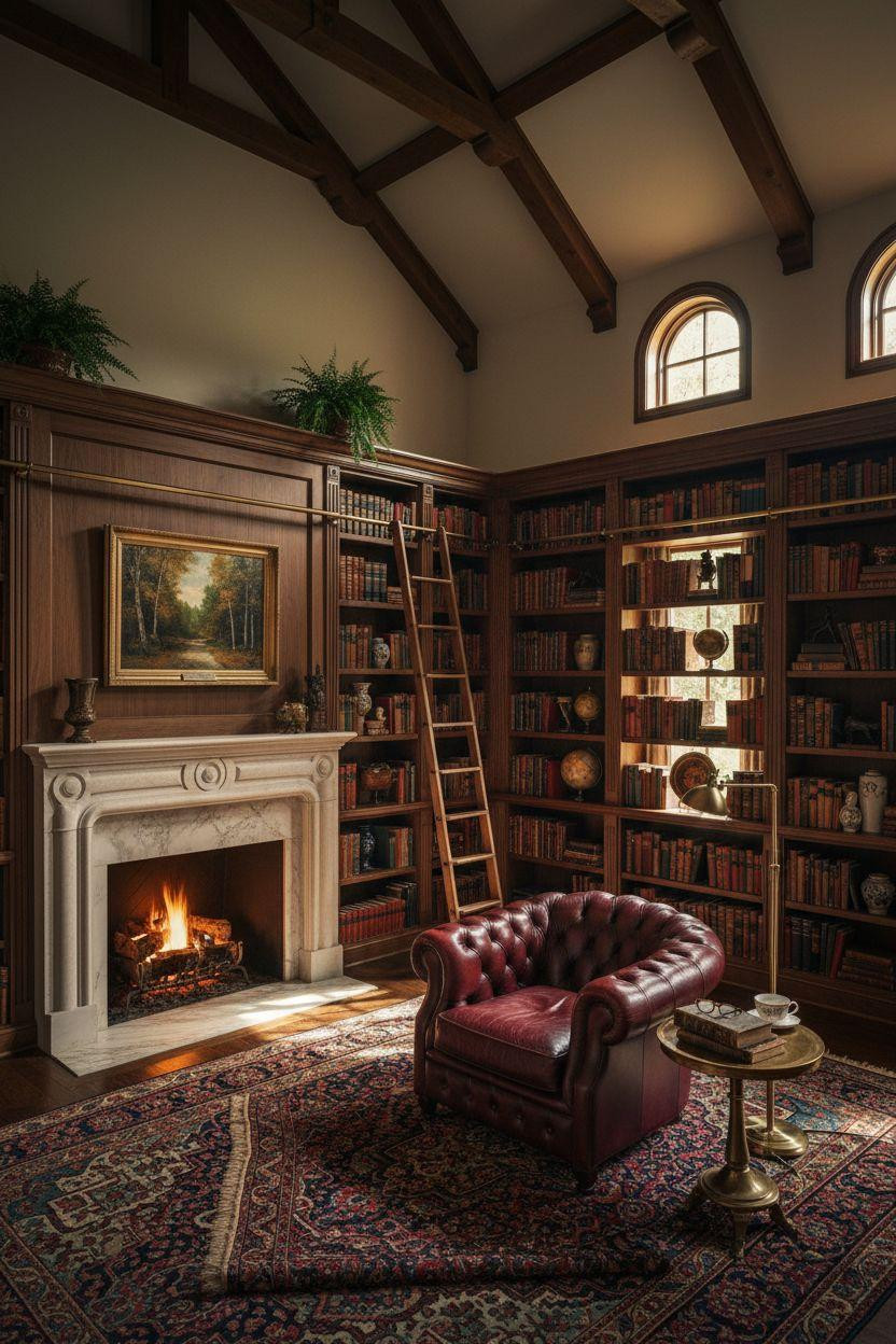 Home Library Rooms Ideas - luxury library with cathedral ceiling and marble fireplace