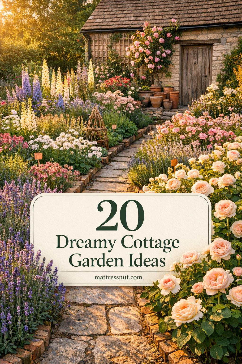 Elevated view of lush cottage garden in golden hour, with weathered limestone path bordered by lavender and blush roses. Layered beds overflow with foxgloves, periwinkle delphiniums, dusty rose pinks, and white phlox. Stone cottage features climbing roses and terra cotta pots. Subtle overlay reads '20 Dreamy Cottage Garden Ideas'.