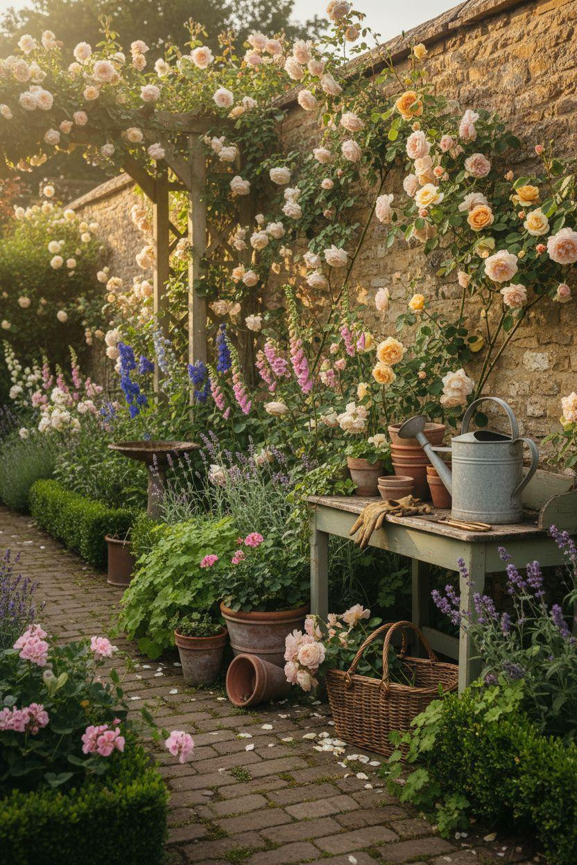 Cottage Garden at golden hour with potting bench