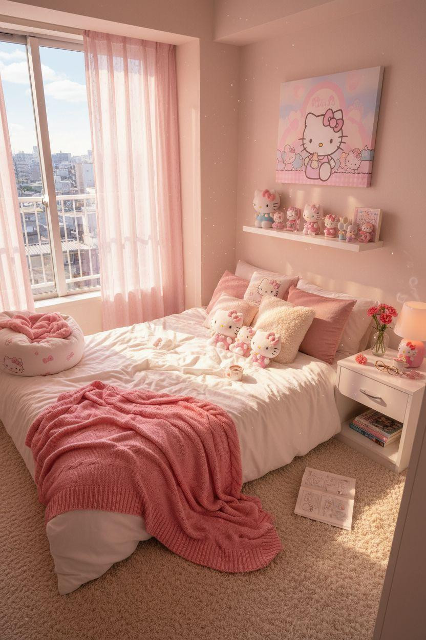 Hello Kitty Room - ethereal pink curtains with Tokyo cityscape bokeh and soft lighting