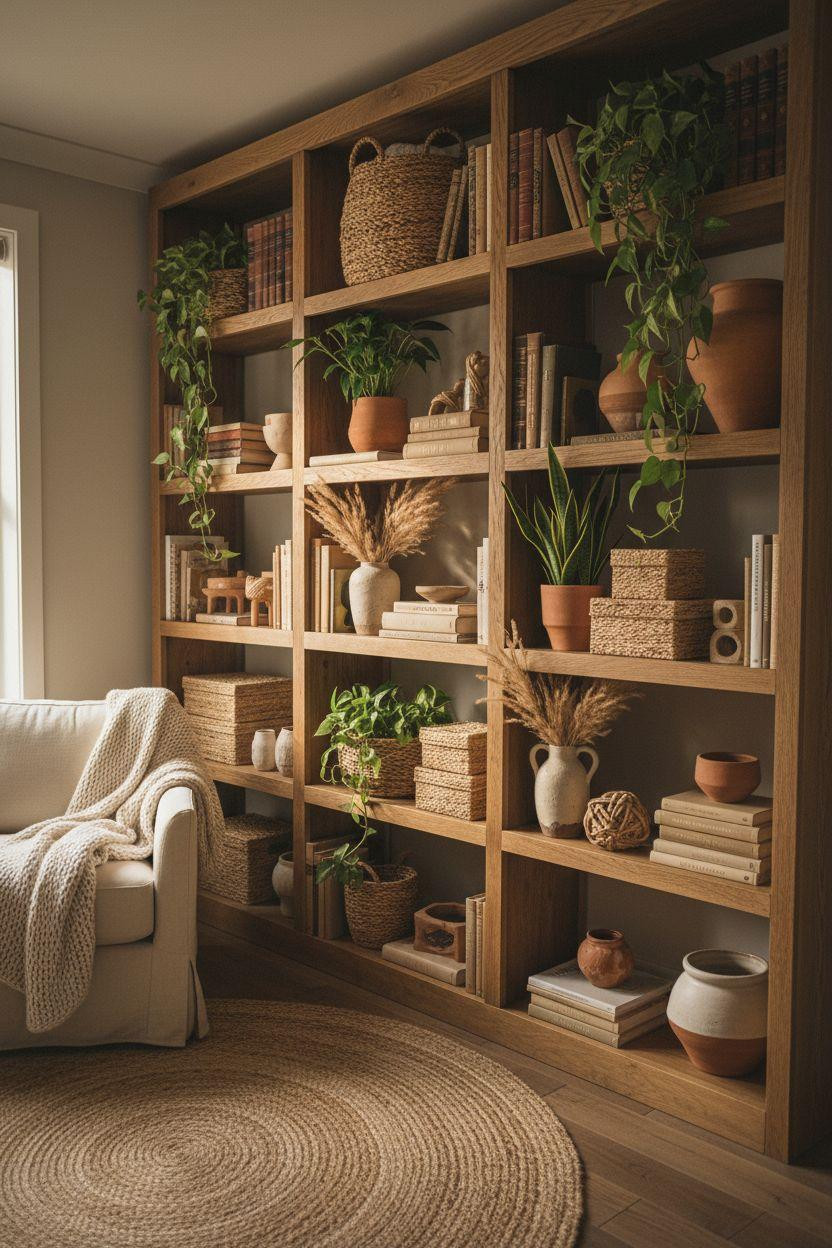 Bookshelf living room with natural wood shelves and earthy woven baskets
