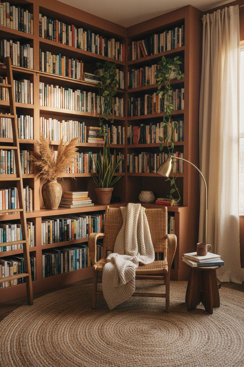 Bookshelf living room with terracotta-painted shelves and warm tones