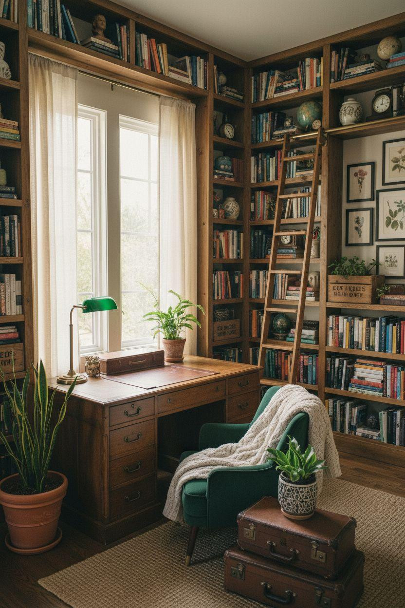 Home Office Library Ideas - eclectic DIY setup with emerald chair and vintage finds