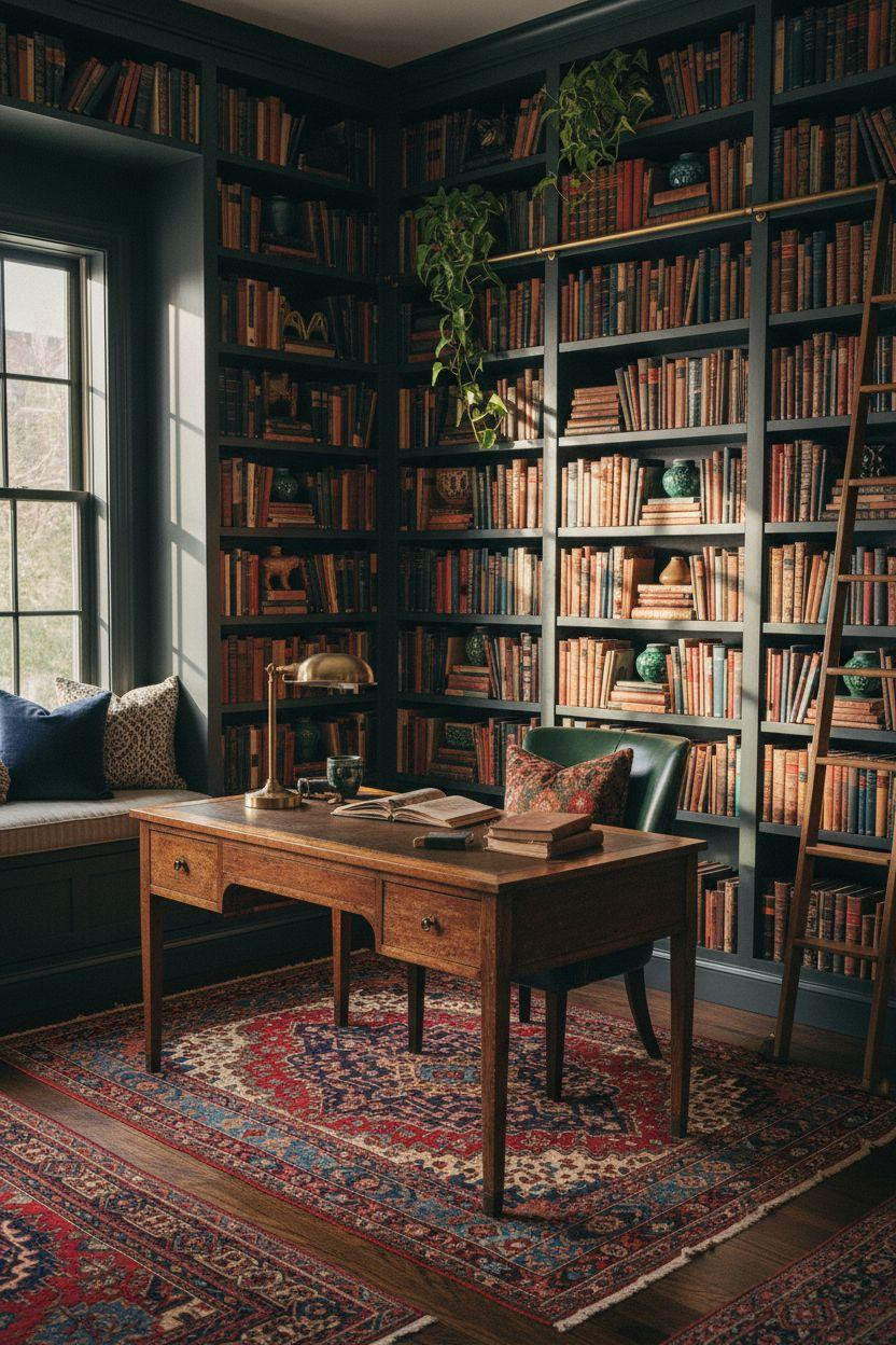 Home Office Library Ideas - dark shelves with colorful spines and cozy reading nook