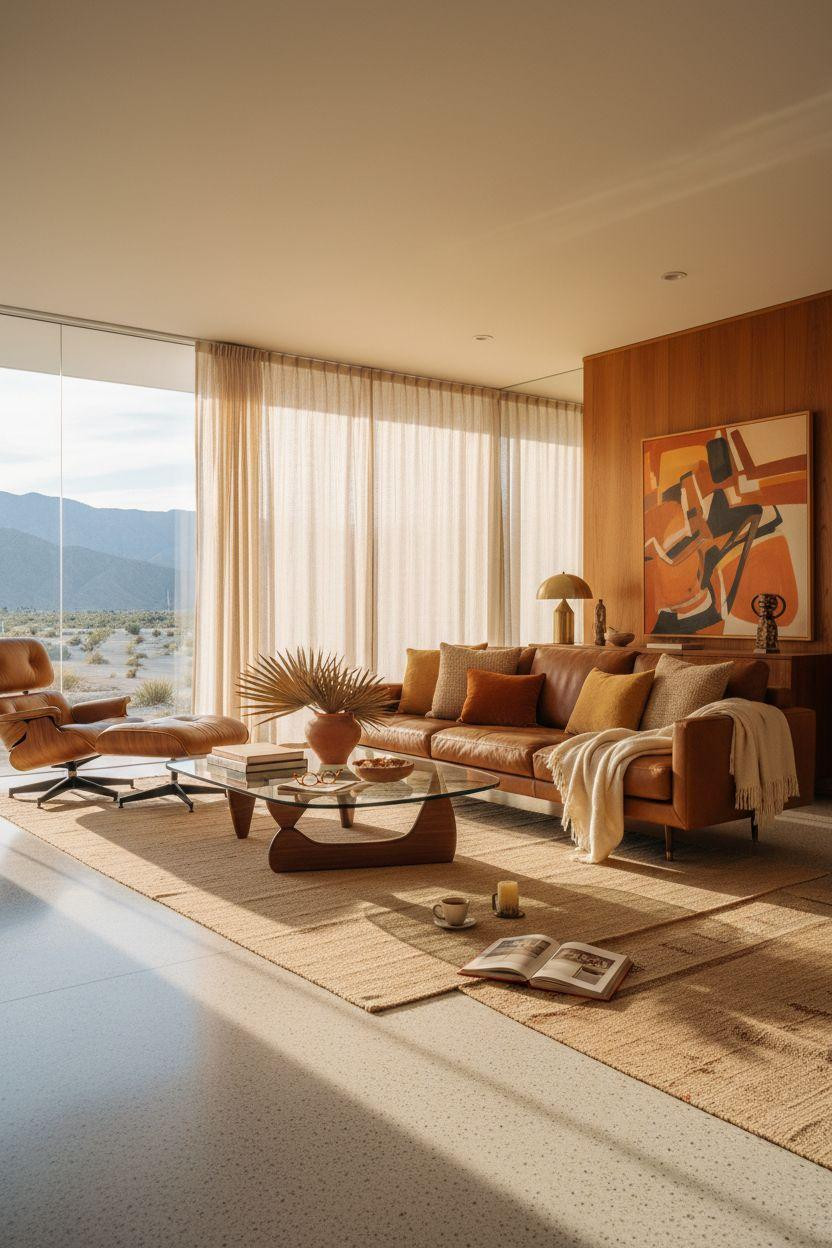 Mid century modern living room ideas featuring eclectic furniture mix and mountain views