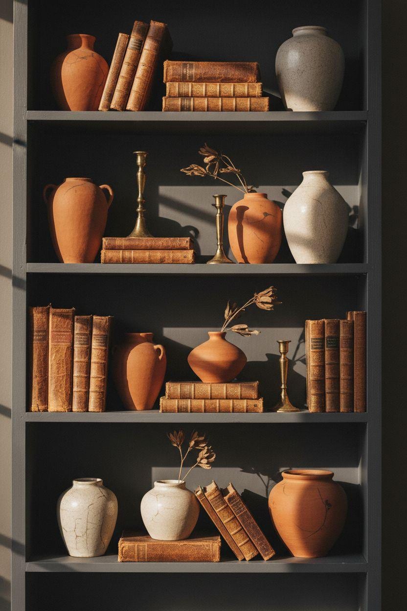 Shelf Decor Living Room - eclectic shelf styling with leather-bound books and brass candlesticks