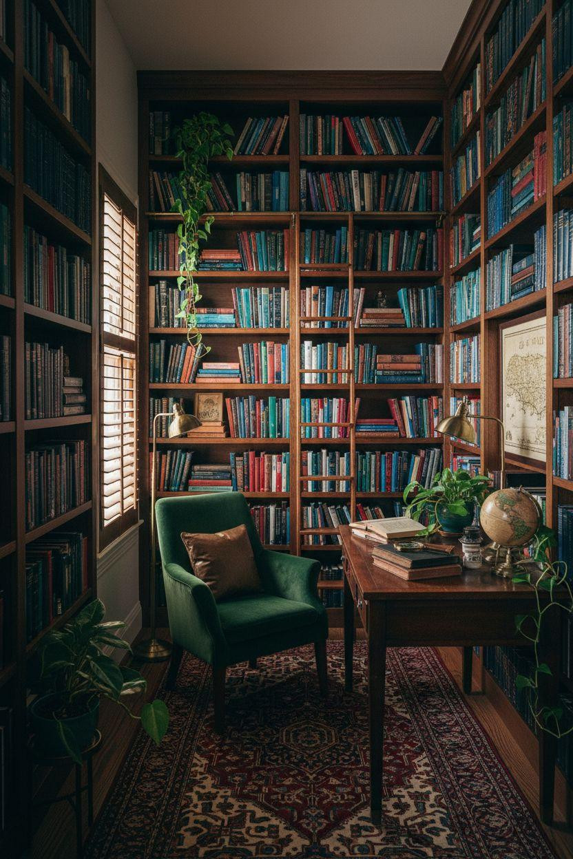 Home Office Library Ideas - walnut shelves with emerald chair and vintage maps