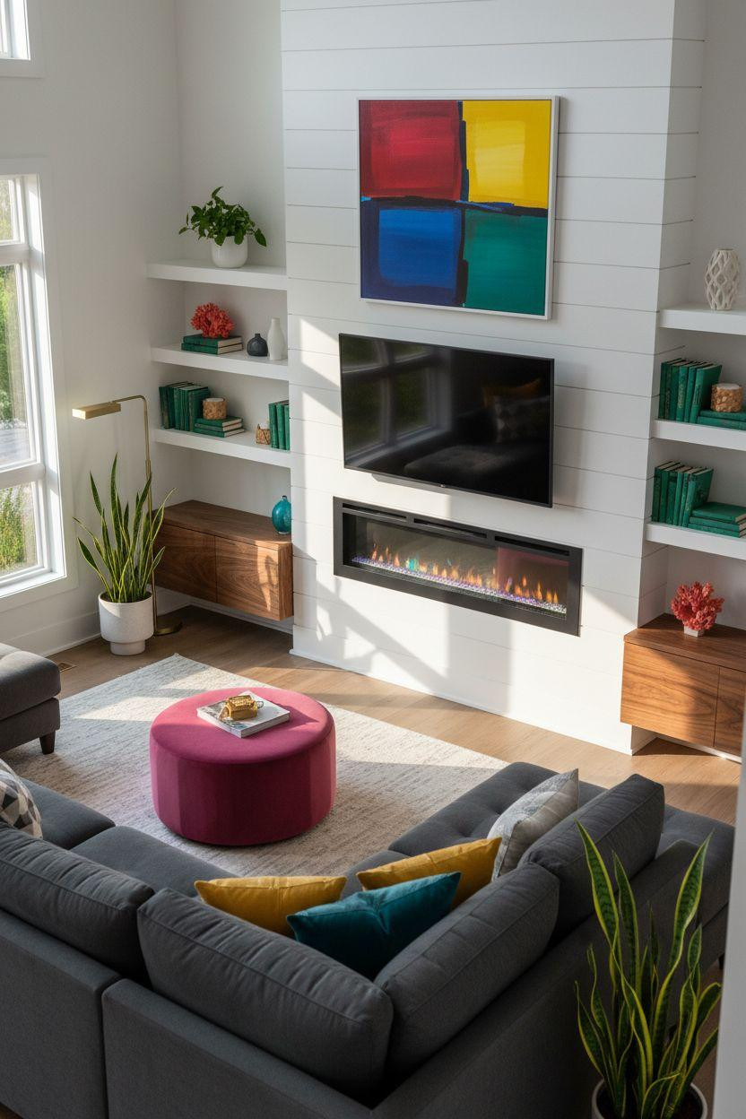 Electric fireplace ideas with vibrant color accents and modern style