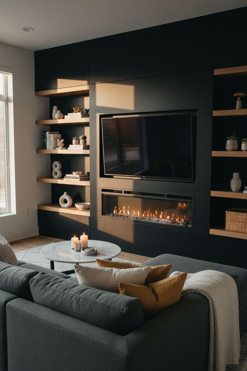 Electric fireplace ideas with modern media wall and open shelving