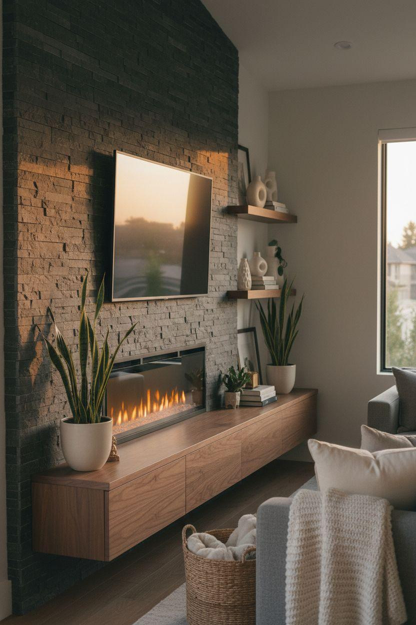 Electric fireplace ideas with mounted TV and storage shelves