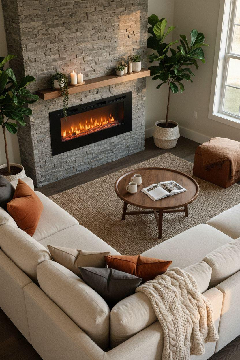 Electric fireplace ideas with stone accent wall and cozy seating