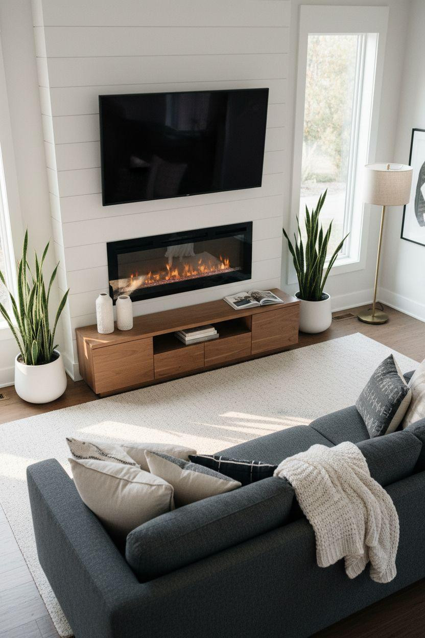Electric fireplace ideas with white shiplap wall and clean design
